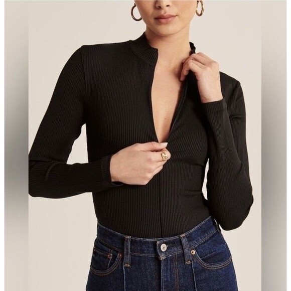 Abercrombie And Fitch Seamless Ribbed Zip Bodysuit Mock Neck Sz M - Picture 4 of 12